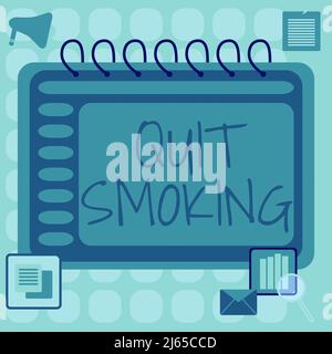 Text showing inspiration Quit Smoking. Word Written on Discontinuing or stopping the use of tobacco addiction Blank Open Spiral Notebook With A Stock Photo