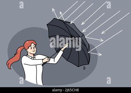 Successful businesswoman use umbrella protect from rain. Concept of investment and profit. Stock exchange and banking stability. Finances and money income. Flat vector illustration.  Stock Vector