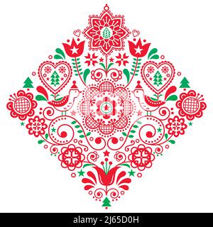Scandinavian Christmas folk art retro square vector pattern with birds in hats, snowflakes and Xmas tree in red and green on white background Stock Vector