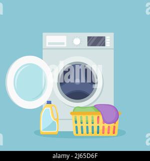 Washing machine with open door, basket with dirty linen, detergent. Vector illustration Stock Vector