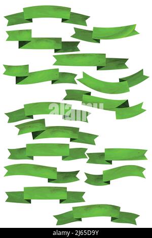 Set of green flat ribbons isolated on white background. Ribbon banner vector illustration. Watercolor lace. Stock Vector
