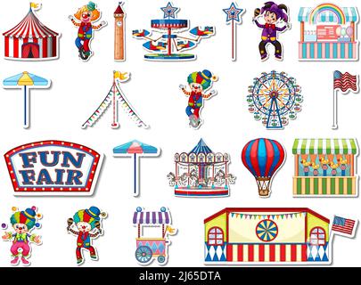 Sticker set of amusement park objects and cartoon characters ...
