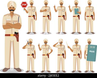 Set of different detailed illustration of indian policeman standing in different positions in flat style on white background. Vector illustration. Cut Stock Vector