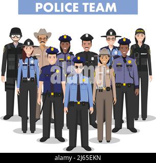 Police team. Detailed illustration of police people in flat style on white background. Stock Vector