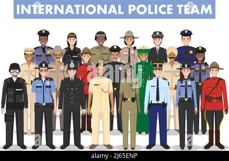 International police team. Detailed illustration of police different countries in flat style on white background. Stock Vector
