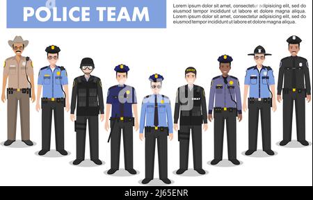 Police team. Detailed illustration of police people in flat style on white background. Stock Vector