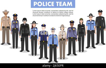 Police team. Detailed illustration of police people in flat style on white background. Stock Vector