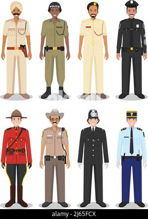 Detailed illustrations of police different countries in a flat style on a white background. Stock Vector