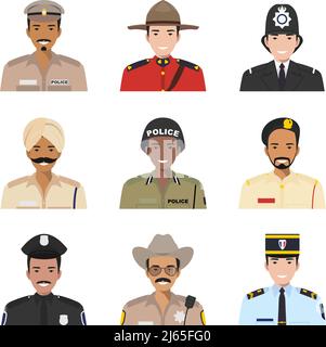 Set of colorful police different countries flat style icons: sheriff, gendarme and policeman. Vector illustration. Stock Vector