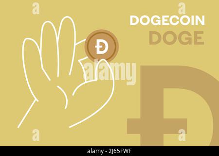Hand holding Dogecoin meme cryptocurrency editable vector. DOGE crypto flat design banner. (doge) token yellow bronze icon for apps, web and animation Stock Vector