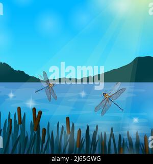 Two dragonflies flying over water in sun rays with mountains on background realistic composition vector illustration Stock Vector
