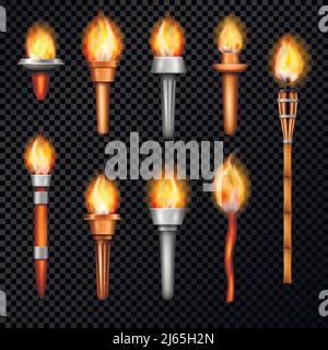 Torch realistic set with isolated hand cresset images of various shape with flame on transparent background vector illustration Stock Vector