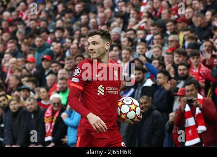 Liverpool, England, 27th April 2022.   Andrew Robertson of Liverpool during the UEFA Champions League match at Anfield, Liverpool. Picture credit should read: Darren Staples / Sportimage Credit: Sportimage/Alamy Live News Stock Photo