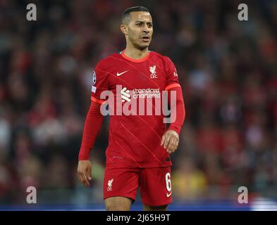 Liverpool, England, 27th April 2022.   Thiago Alcantara of Liverpool during the UEFA Champions League match at Anfield, Liverpool. Picture credit should read: Darren Staples / Sportimage Credit: Sportimage/Alamy Live News Stock Photo