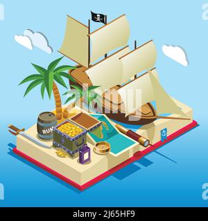 Pirate elements on open book isometric game composition on blue gradient background vector illustration Stock Vector