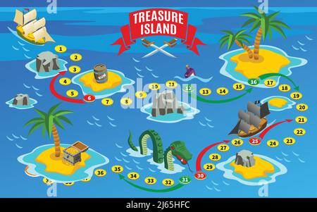 Pirates board game isometric map on blue background with reefs and sail boats vector illustration Stock Vector