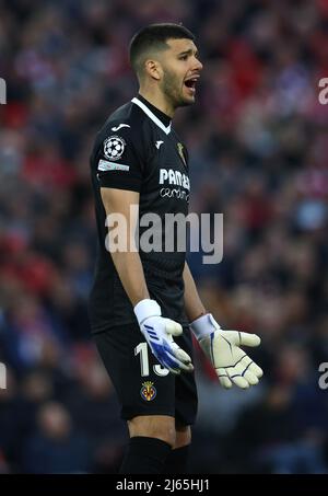 Liverpool, England, 27th April 2022.   Geronimo Rulli of Villarreal during the UEFA Champions League match at Anfield, Liverpool. Picture credit should read: Darren Staples / Sportimage Credit: Sportimage/Alamy Live News Stock Photo