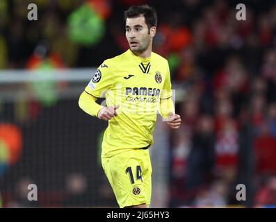 Liverpool, England, 27th April 2022.   Manu Trigueros of Villarreal during the UEFA Champions League match at Anfield, Liverpool. Picture credit should read: Darren Staples / Sportimage Credit: Sportimage/Alamy Live News Stock Photo