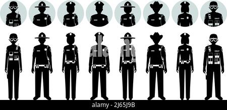 Police concept Set of different silhouettes and avatars icons of sheriff, SWAT officer, policewoman and policeman in flat style on white background. V Stock Vector