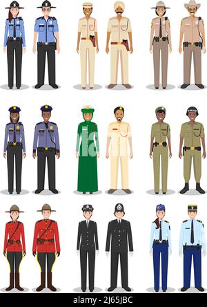 Detailed illustrations of police different countries in a flat style on white background: sheriff, SWAT officer, policewoman and policeman. Stock Vector