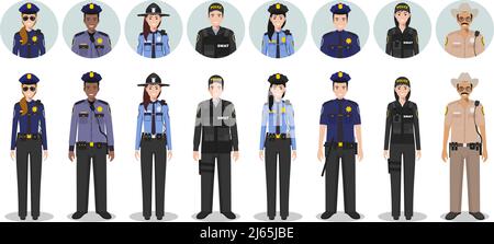 Detailed illustration and avatars icons of sheriff, SWAT officer, policewoman and policeman in flat style on white background. Stock Vector