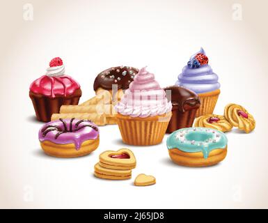 Cookies biscuits cupcakes donuts realistic 3d composition with set of high quality confectionery products with shadows vector illustration Stock Vector