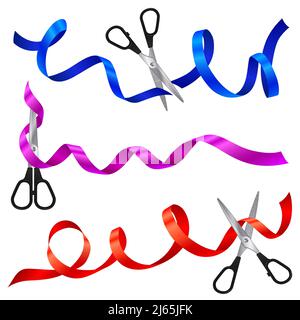 Set of colorful swirling ribbons with metal scissors as symbol of public ceremony of grand opening inauguration event realistic vector illustration Stock Vector