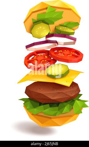 Hamburger with flying ingredients including bun, beef patty, cheese, vegetables on white background vector illustration Stock Vector