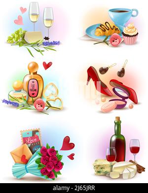 France paris set of compositions with food and drink, perfume, cosmetics, jewelry, shoes, flowers isolated vector illustration Stock Vector