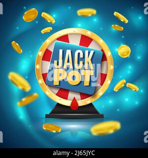Jackpot on fortune wheel realistic blue sparkling background with golden glossy coins 3d vector illustration Stock Vector