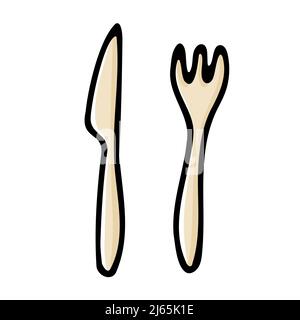 Doodle cutlery set. Beige fork, knife isolated on white background. Cozy kitchen utensils, kitchenware, dishes for dinner, lunch. Hand-drawn table set Stock Vector