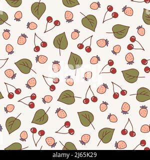 Doodle summer berry seamless pattern. Pastel colors strawberries, cherries, leaves on light background. Line fresh juicy fruits. Vector illustration f Stock Vector