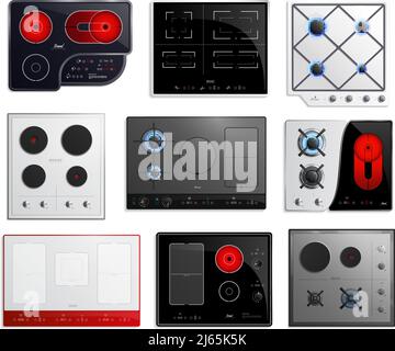 Colored and realistic hob surfaces icon set with different types of hob sizes and power vector illustration Stock Vector