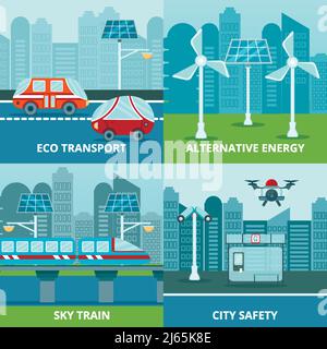 Smart city 2x2 design concept with flat images of alternative energy sources and electric transport vehicles vector illustration Stock Vector