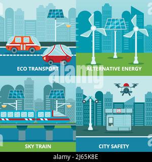 Smart city 2x2 design concept with flat images of alternative energy ...