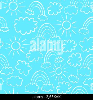 Cloudscape seamless pattern. Clouds, rainbows and sun doodle drawing on blue background. Vector illustration. Stock Vector