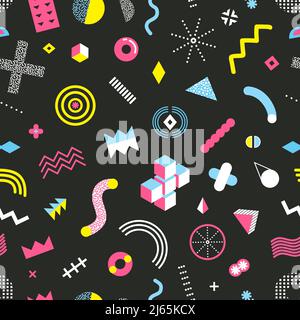 Memphis design geometric elements seamless pattern with cubes circles triangles dots patterns on black background vector illustration Stock Vector