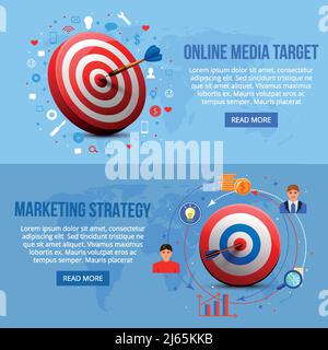 Horizontal banners with realistic aims for online media targeting and marketing strategy, blue background isolated vector illustration Stock Vector