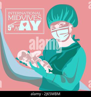 Young female midwife, happy smiling beautiful nurse carefully holding newborn baby, in scrubs, face mask, gloves. Midwives International Day, 5th May Stock Vector