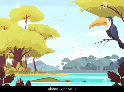 Jungle landscape with monkey on tree, crocodile in river, flock of birds in sky cartoon vector illustration Stock Vector