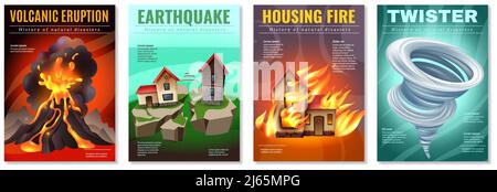 Natural disasters 4 colorful posters set with earthquake housing fire tornado twister volcanic eruption isolated vector illustration Stock Vector