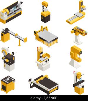 Industrial machinery icons set with technology symbols isometric isolated vector illustration Stock Vector