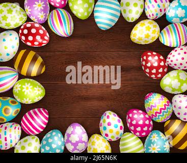Realistic background with beautiful painted easter eggs on wooden surface vector illustration Stock Vector