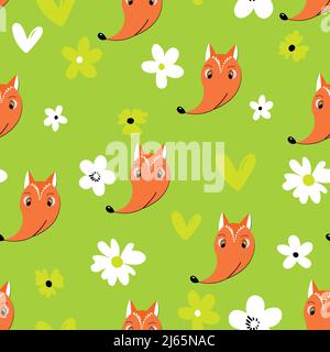 Seamless pattern with cute fox face on color floral background. Vector flat animals colorful illustration for kids. Adorable cartoon character. Design Stock Vector