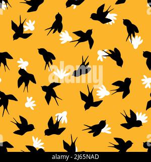 Seamless pattern with swallow silhouette on color background. Cute bird in flight. Vector illustration. Doodle style. Design for invitation, poster Stock Vector