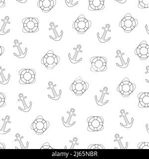 Seamless pattern of anchor and lifebuoy contours Stock Vector