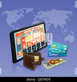 Internet shopping online payment with banking cards realistic composition on violet background with world map vector illustration Stock Vector