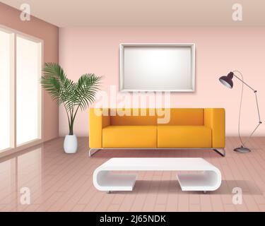 Modern minimalist style living room interior  with corn yellow sofa and white fancy coffee table vector illustration Stock Vector