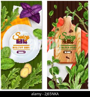Herbs leafy salad greens spices 2 realistic healthy food banners with basil thyme spinach isolated vector illustration Stock Vector