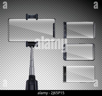 Four all screen front glossy touchscreen smartphones set with selfie stick realistic transparent background isolated vector illustration Stock Vector
